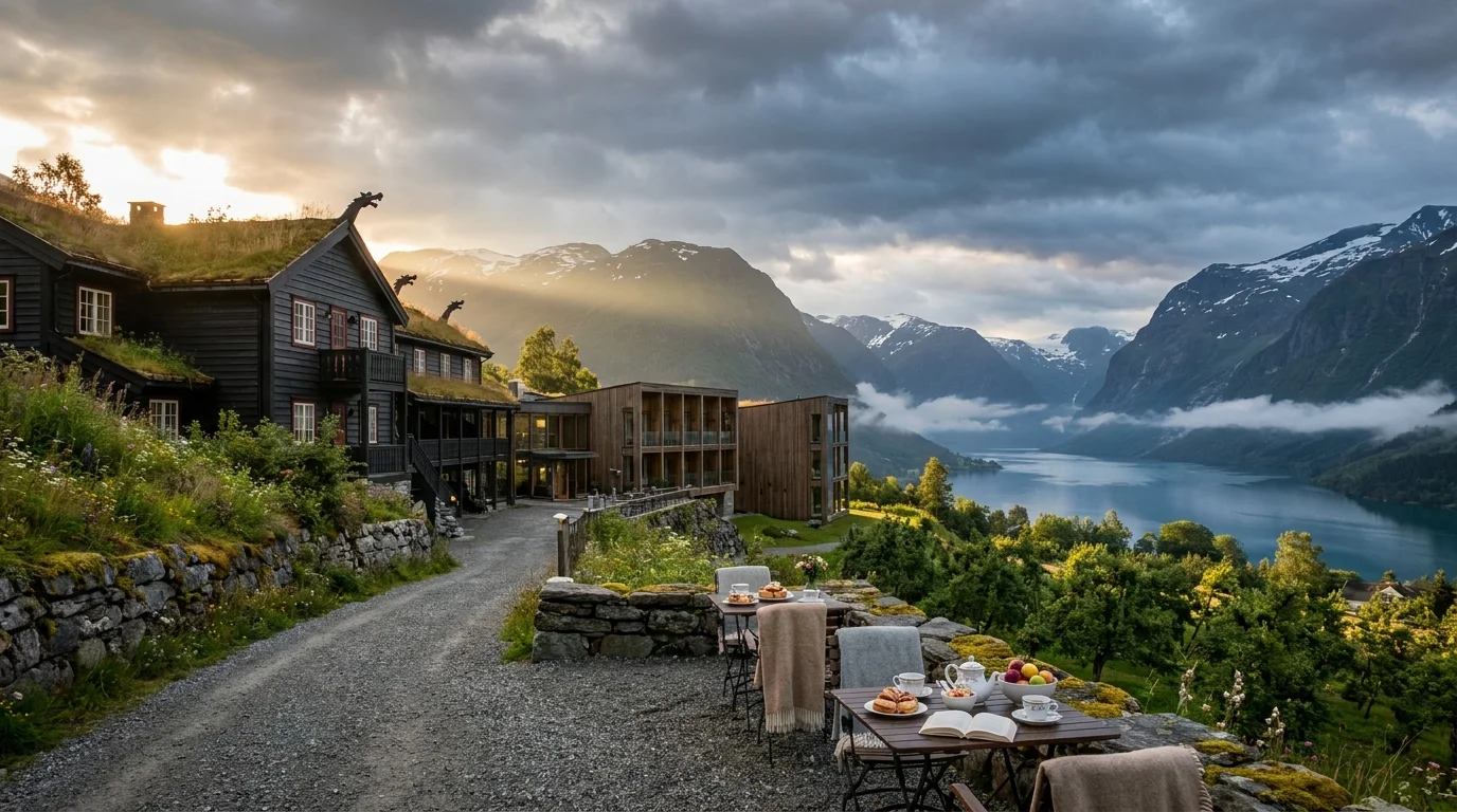 The steel-and-birch panorama house standing on the shelf above the orchard fjord at Fjærland