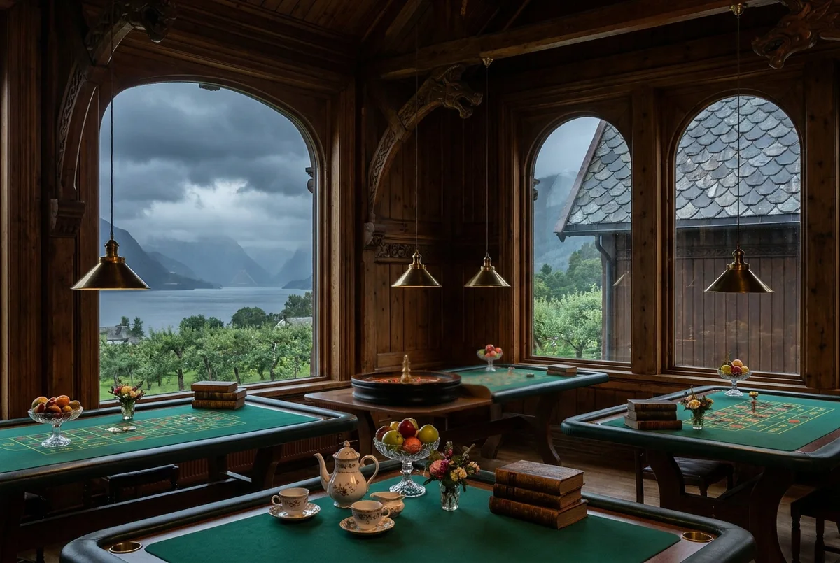 Sheltered panorama-floor salon with a handful of tables set beneath the wide fjord glass